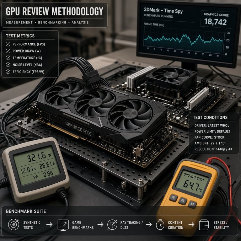 A graphics card on an open test bench with measurement tools