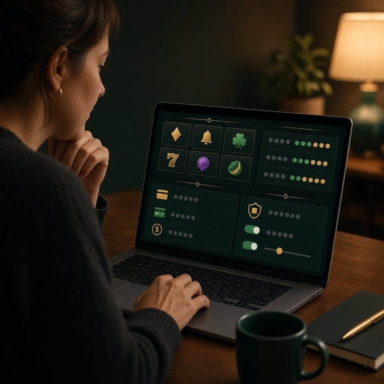 An Australian adult reviewing casino pokies game rules and payment details on a laptop before playing
