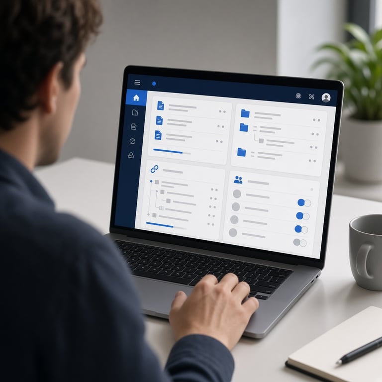 Joomla administrator reviewing a structured website dashboard on a laptop