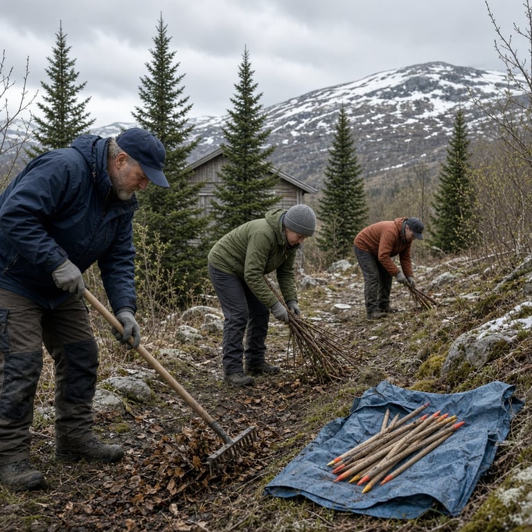 Hytteeiere som rydder en sti ved et norsk fjellhytteområde i vårlys, med hansker, rive og merkestaver samlet på en presenning