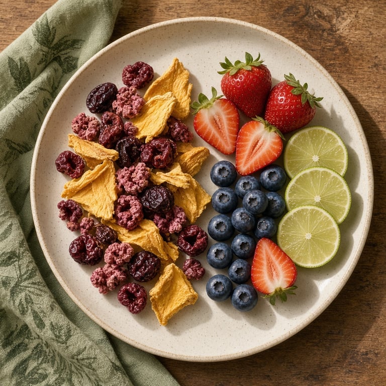 Colourful freeze-dried berries and fruit pieces arranged beside fresh fruit for comparison