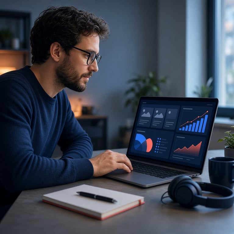 Marketingprofessional werkt op afstand aan een internationale campagne met dashboards en contentplanning