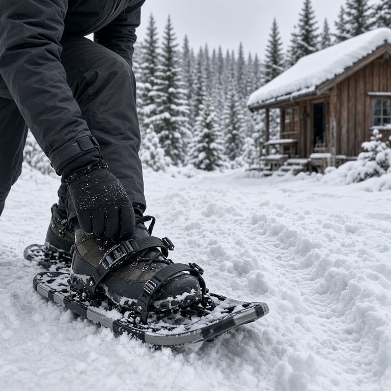 Person som prøver truger på en snødekt sti ved en norsk fjellhytte