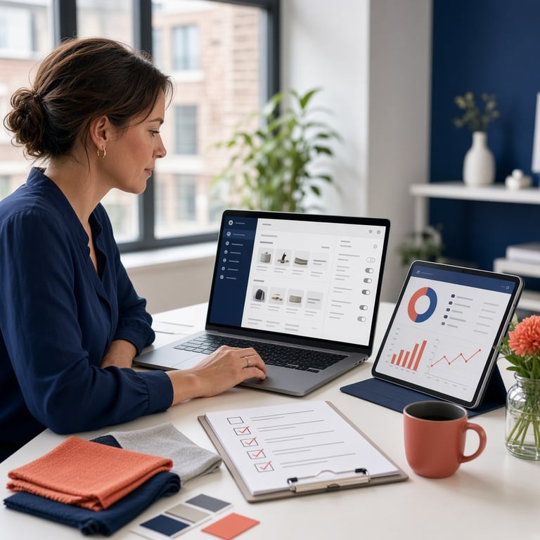 Een e-commercemarketeer controleert productfeed, privacy-instellingen en conversiemeting