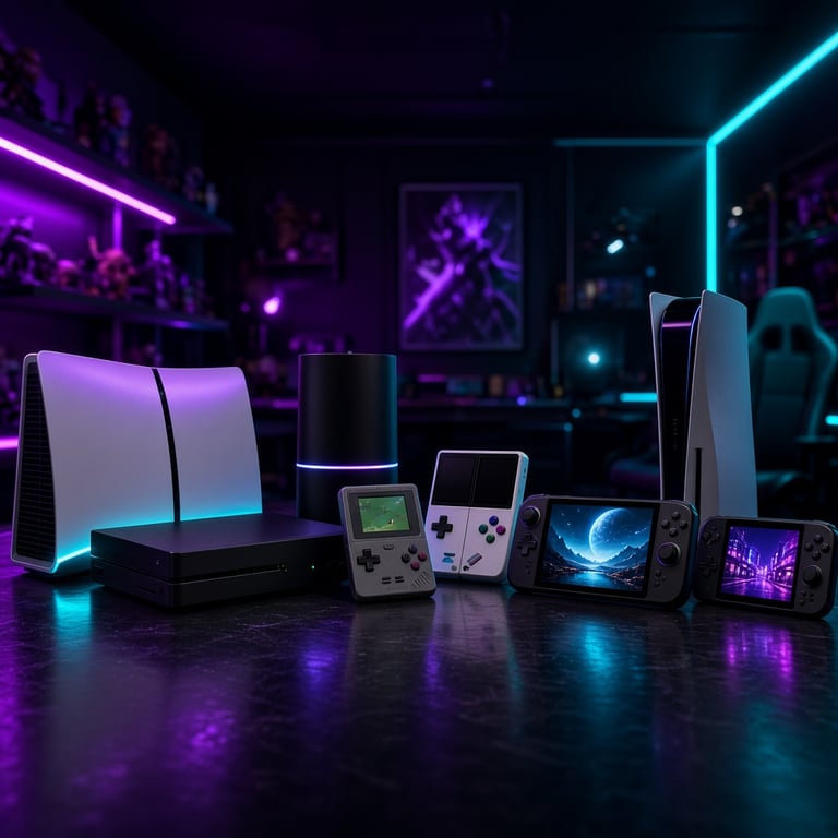 Consoles en handhelds in een neon gamekamer
