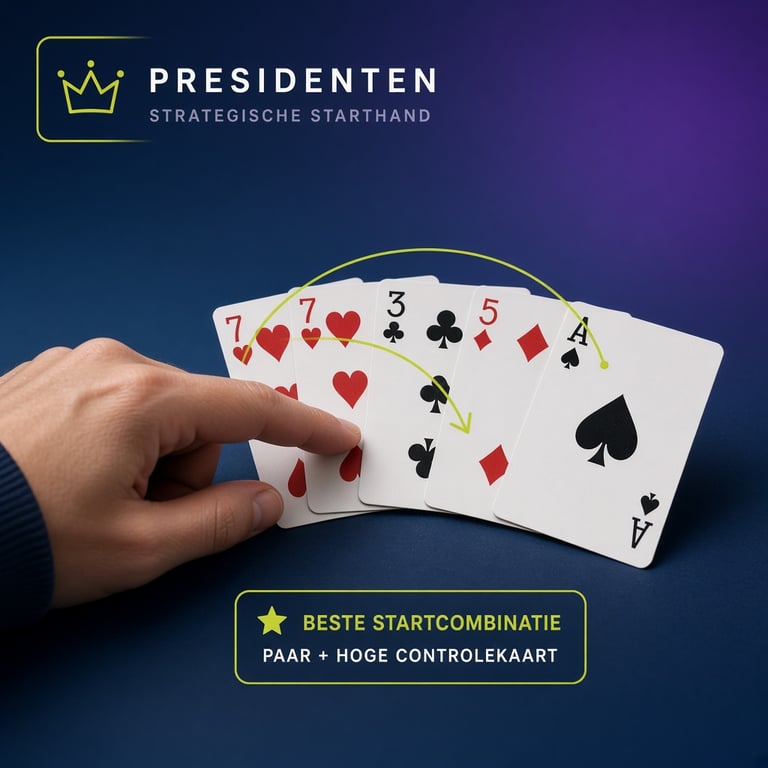 Close-up van een tactische kaartkeuze met paren, lage kaarten en een gemarkeerde startcombinatie