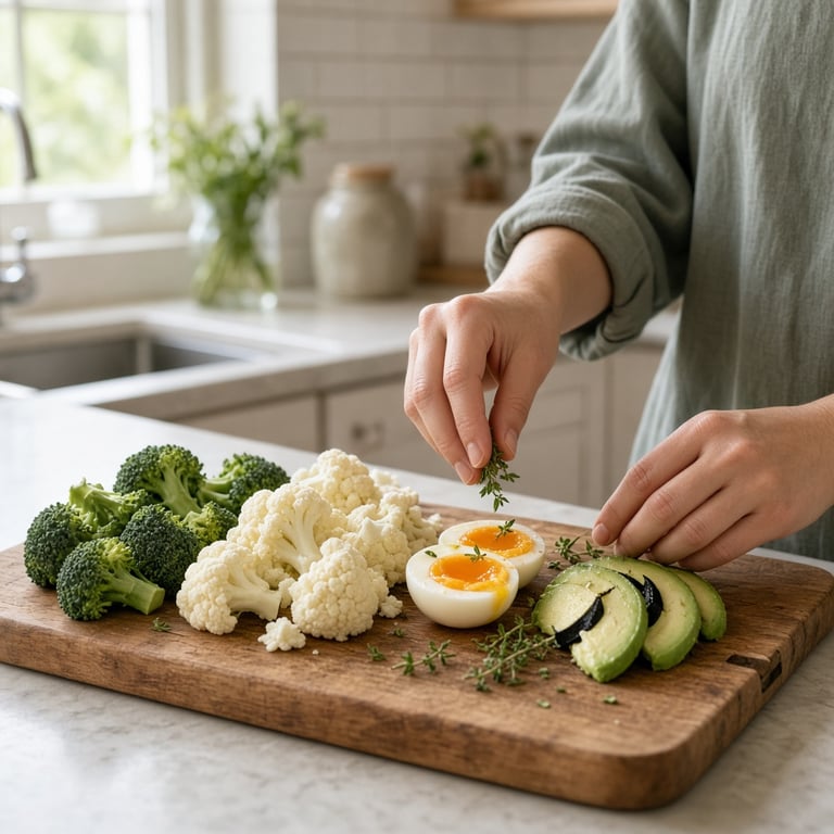 Et fargerikt måltid med egg, avokado, grønnsaker og nøtter på et lyst kjøkkenbord