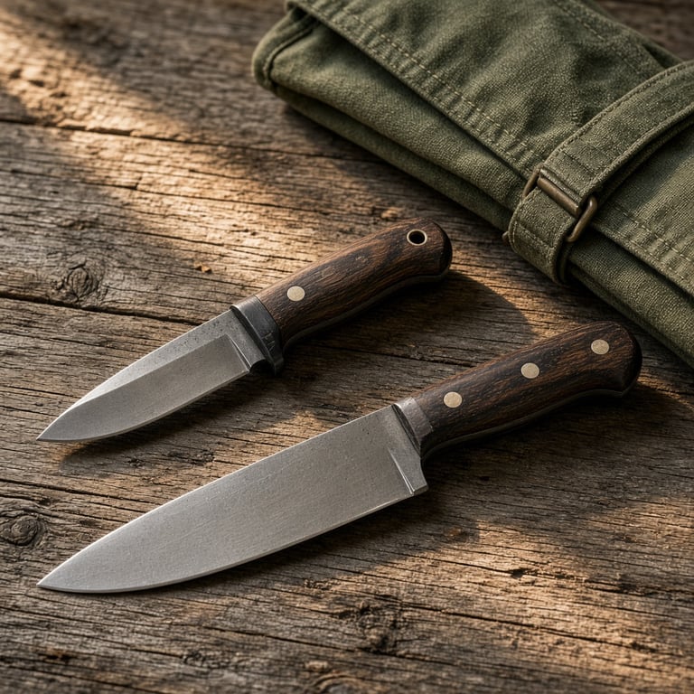A field knife and chef knife arranged on a weathered workbench