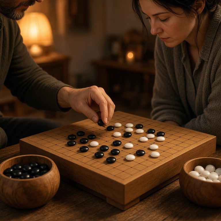 Een houten Go-bord met zwarte en witte stenen tijdens een rustige partij aan tafel