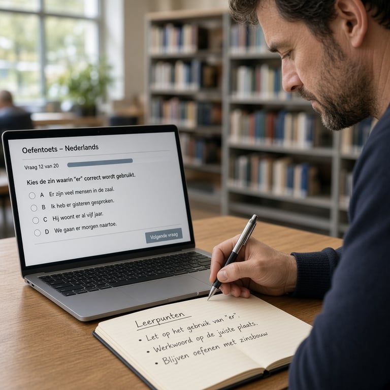 Student in een Nederlandse bibliotheek maakt een oefentoets voor het inburgeringsexamen op een laptop
