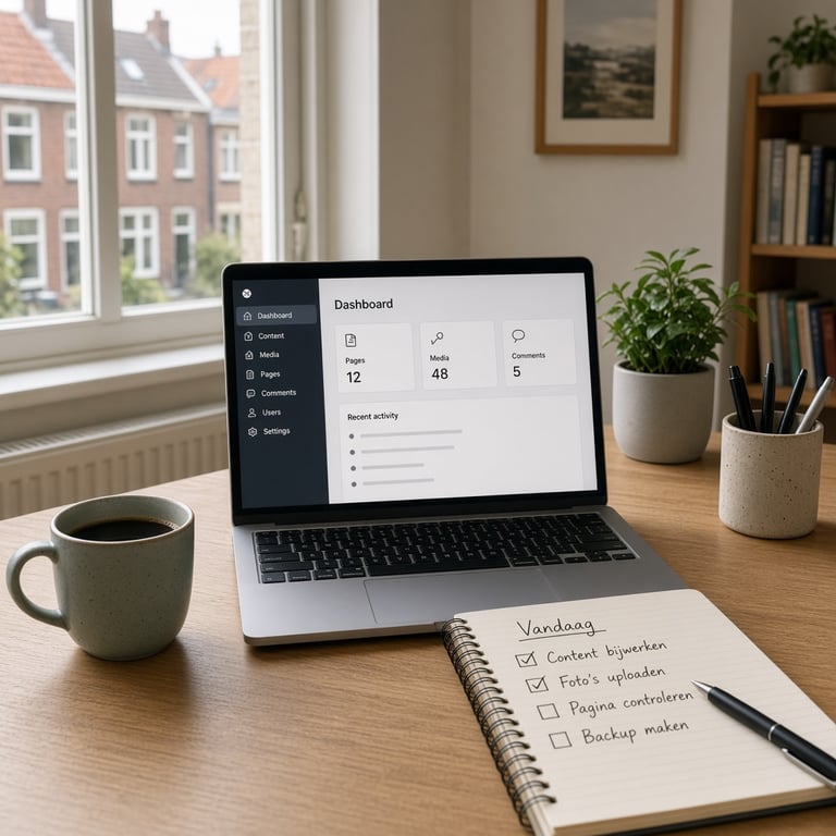 Een opgeruimd bureau met een laptop waarop het WordPress-dashboard openstaat