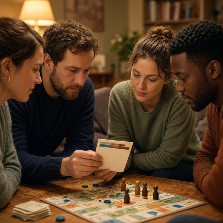 Spelers rond een tafel bekijken samen een quizvraag in een warm bordspelmoment