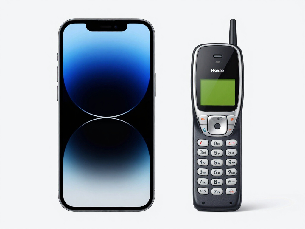 A modern smartphone next to an old mobile phone