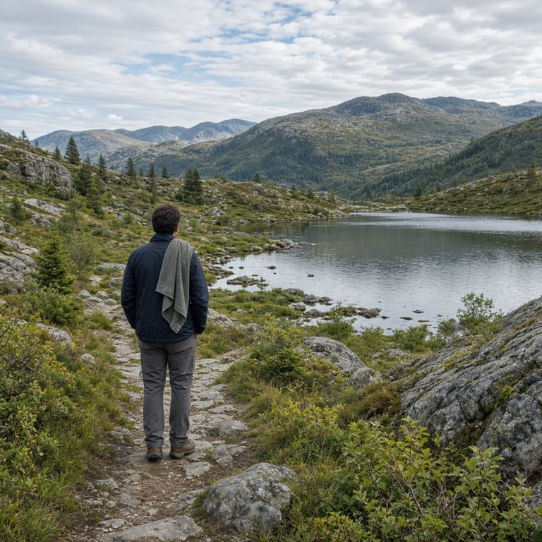 Besøkende med håndkle ved en fjellvannkant, med fokus på trygg avstand og ryddig ferdsel