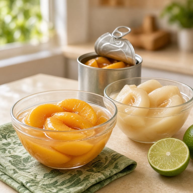 A bowl of canned peaches and pears beside an opened can on a warm kitchen bench