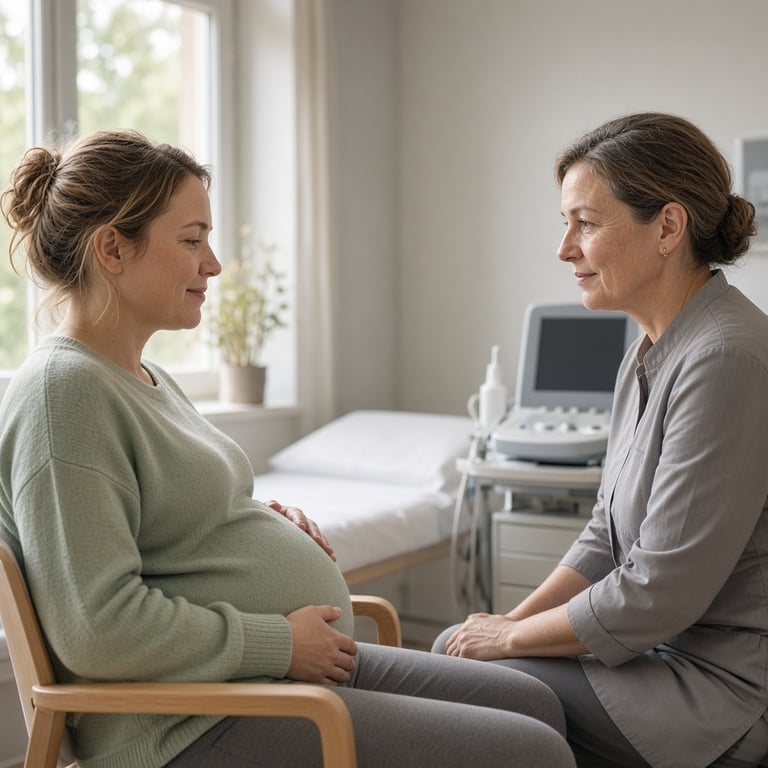 Gravid person i rolig samtale med jordmor på et lyst undersøkelsesrom