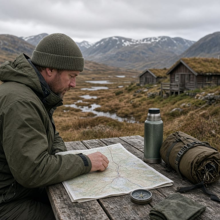 En person som planlegger fisketur ved et fjellkart, med termos og turutstyr