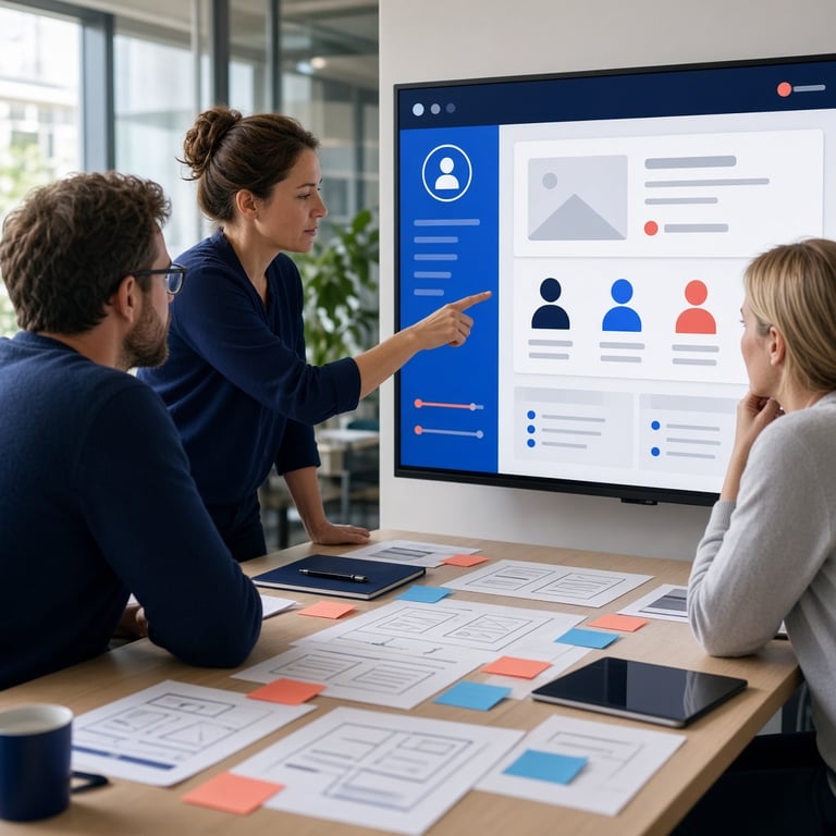 Medewerkers werken samen aan een toegankelijke digitale dienst op een groot scherm