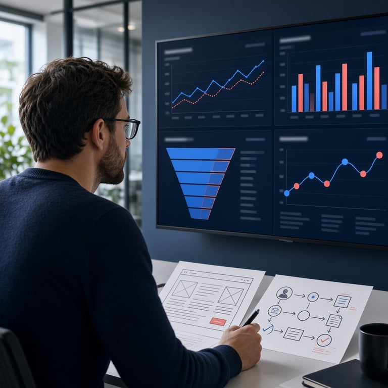 Marketeer analyseert conversiedata en klantreis op een scherm naast wireframes van een website