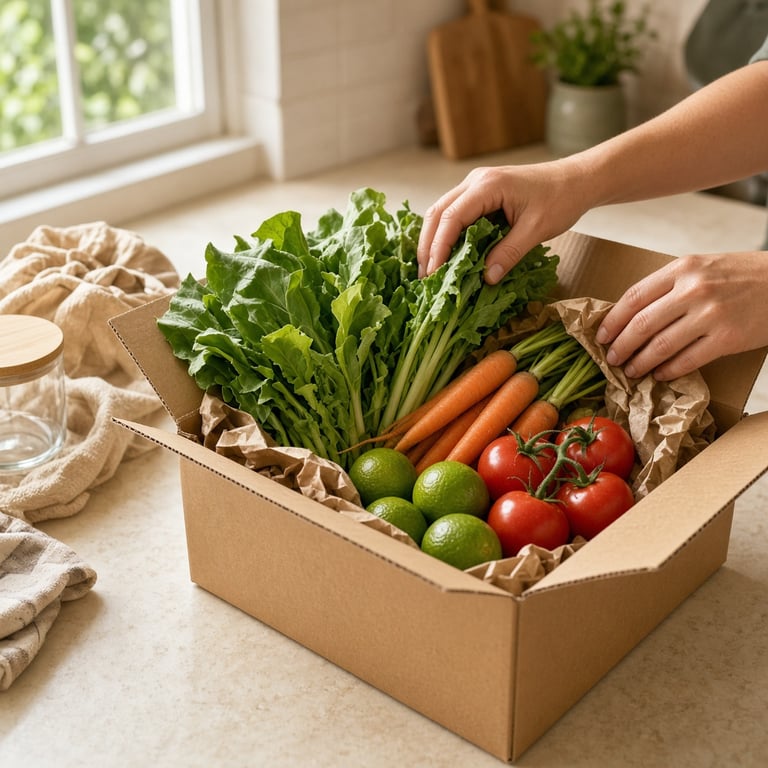 A bright produce box with leafy greens, limes, carrots and tomatoes on a warm cream kitchen bench