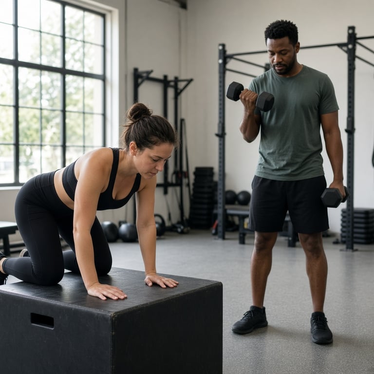 Diverse sporters trainen hun armen met lichaamsgewicht en lichte gewichten tijdens een functionele workout