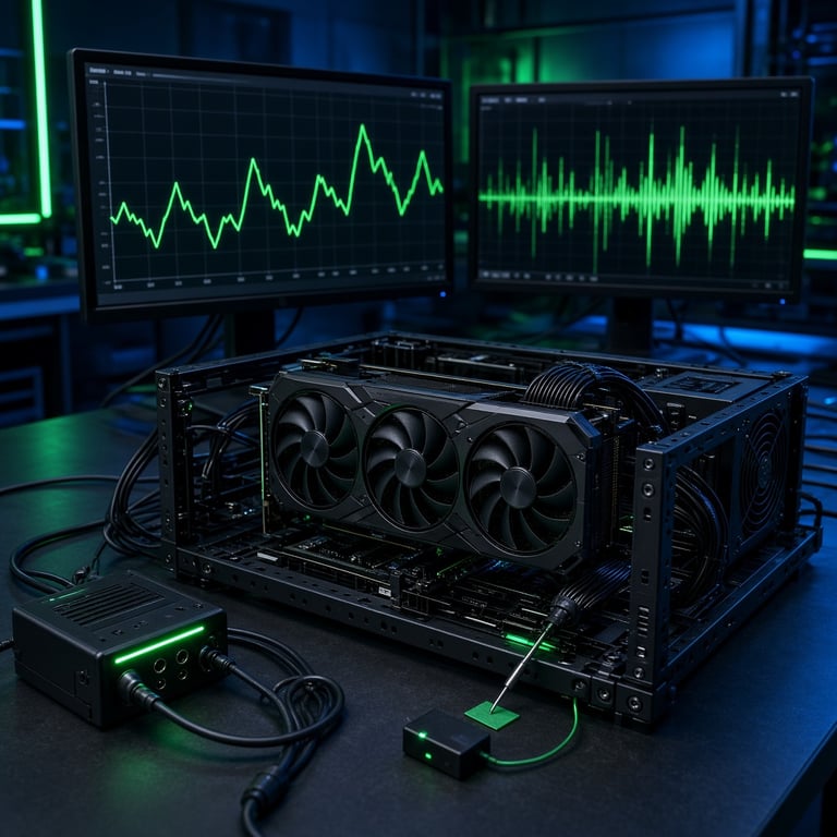 A graphics card test bench with power readings and frame rate results displayed on two monitors