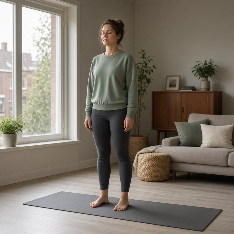 Beginner voert rustige yoga uit op een mat in een lichte Nederlandse woonkamer