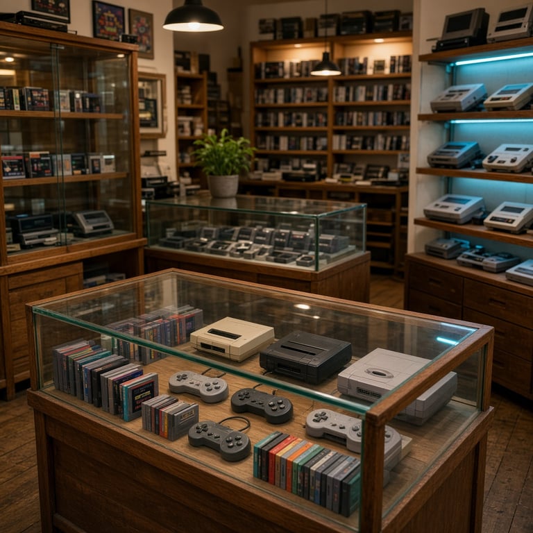 Retro gamewinkel met kleurrijke cartridges, consoles en pixelartdetails