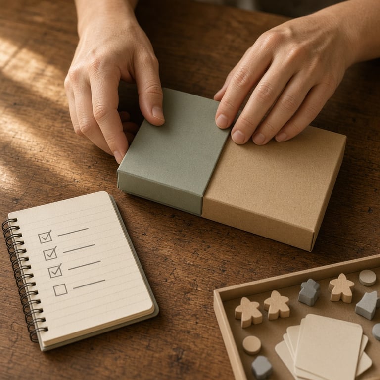 Bordspellen op een houten tafel met een notitieboek voor gericht winkeladvies