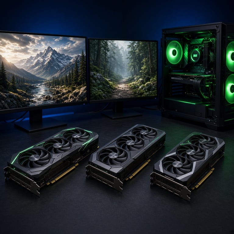 A modern gaming PC with several graphics cards arranged beside a 4K monitor showing a detailed game scene