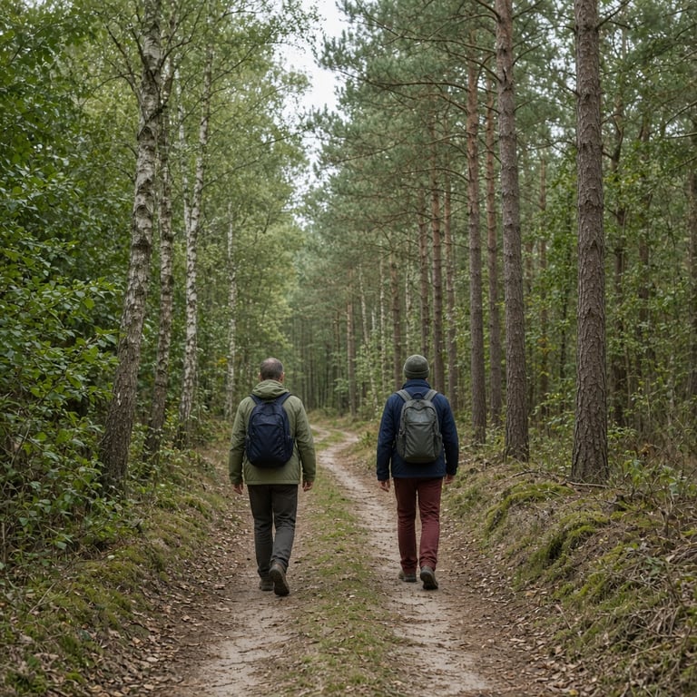 Wandelaars op een rustig bospad in de omgeving van Apeldoorn