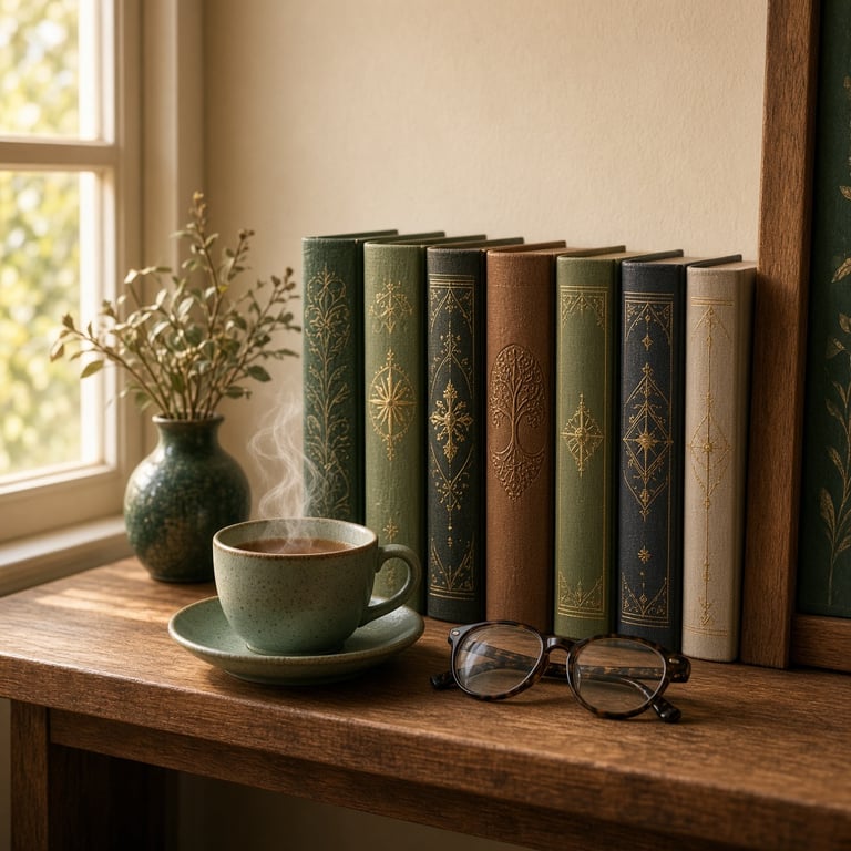 Zeven fantasyboeken op een houten boekenplank met een kop thee en een leesbril