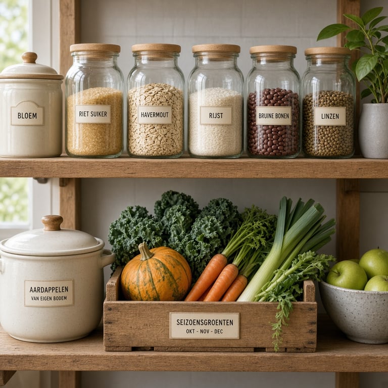Een georganiseerde voorraadkast met ingrediënten