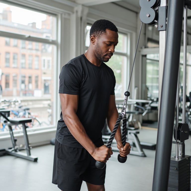 Sporter voert een gecontroleerde triceps pushdown uit in een lichte sportschool