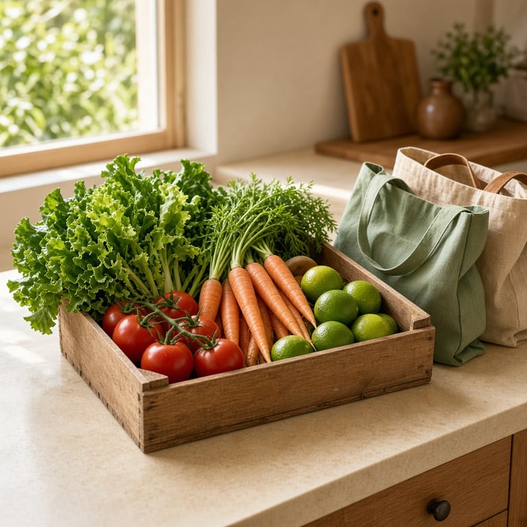 A neatly arranged produce box with leafy greens, carrots, tomatoes, and reusable shopping bags ready for meal preparation