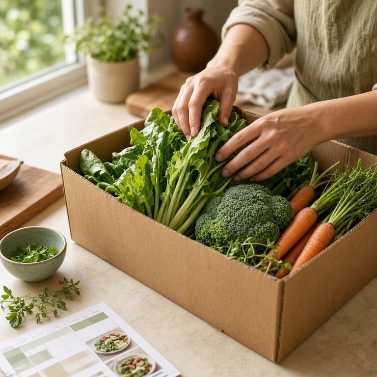 A reusable produce box being unpacked on a warm cream kitchen bench, with leafy greens, carrots, broccoli, herbs, and a handwritten weekly meal plan