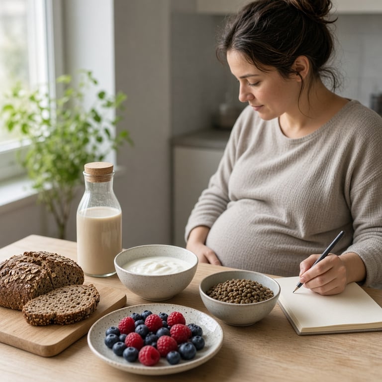 Måltid med grovt brød, yoghurt, bær, linser og kalsiumberiket plantedrikk på et kjøkkenbord