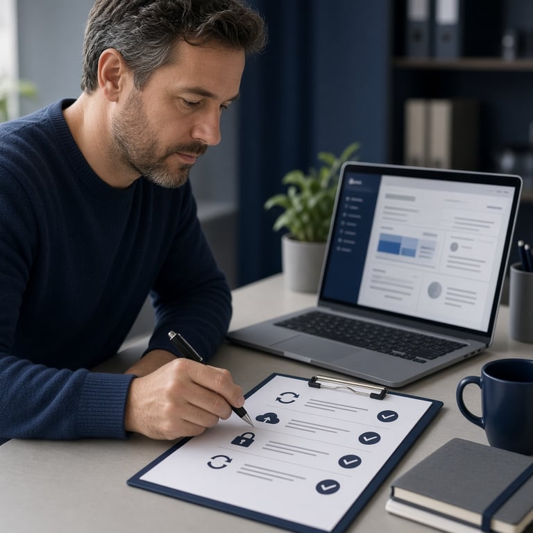 Joomla site owner reviewing a maintenance checklist beside a secure website workspace