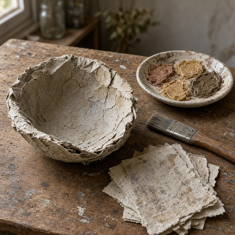 Gedroogde papier-maché vorm naast aardkleurige verf en papierlagen op een houten atelierwerktafel