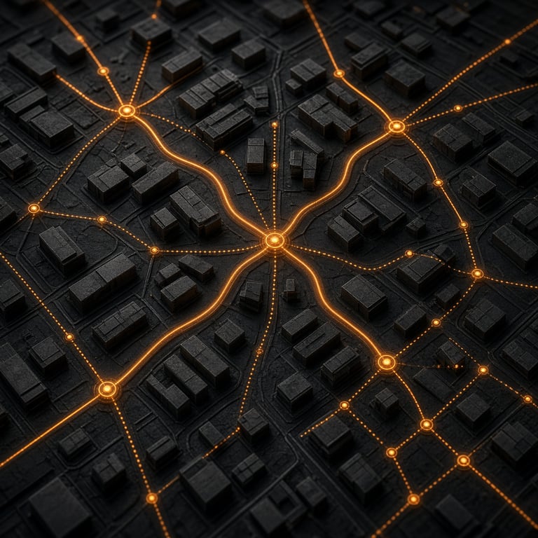 Orange routes and nodes on a dark grid