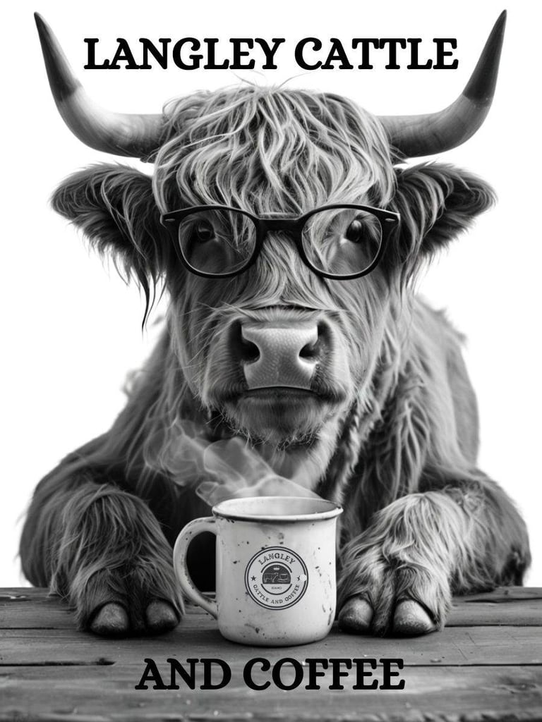Home 1 Langley Cattle and Coffee Logo featuring a cow with glasses and a mug
