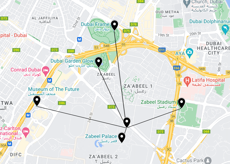 Map showing Landmarks near Bur Dubai, UAE