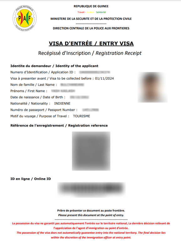 Guinea E-Visa Sample