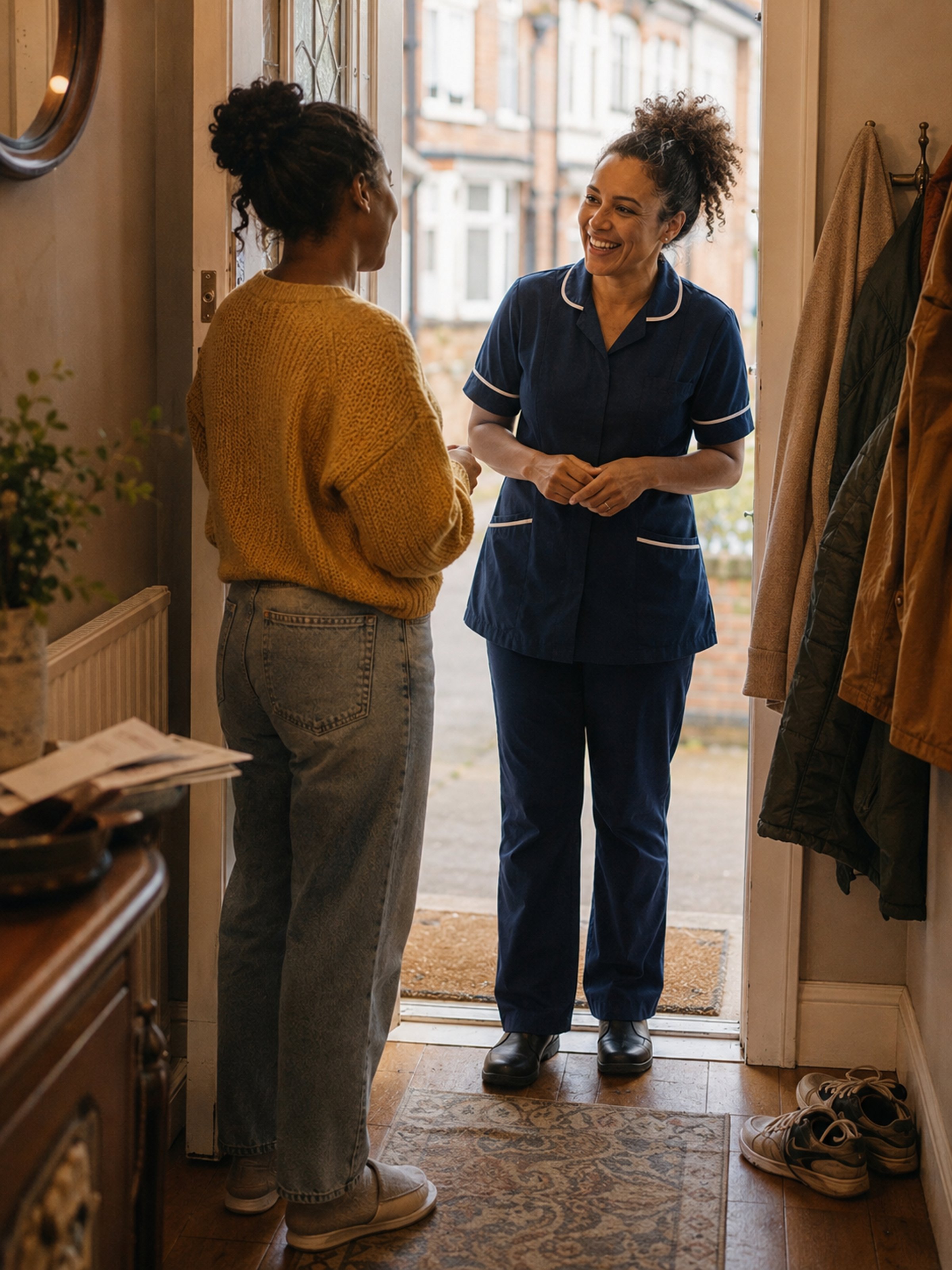 An adult and a support worker laughing over something on a phone screen in an ordinary kitchen, mid-conversation. Completely at ease with each other. Daylight, a normal flat, no uniform.
