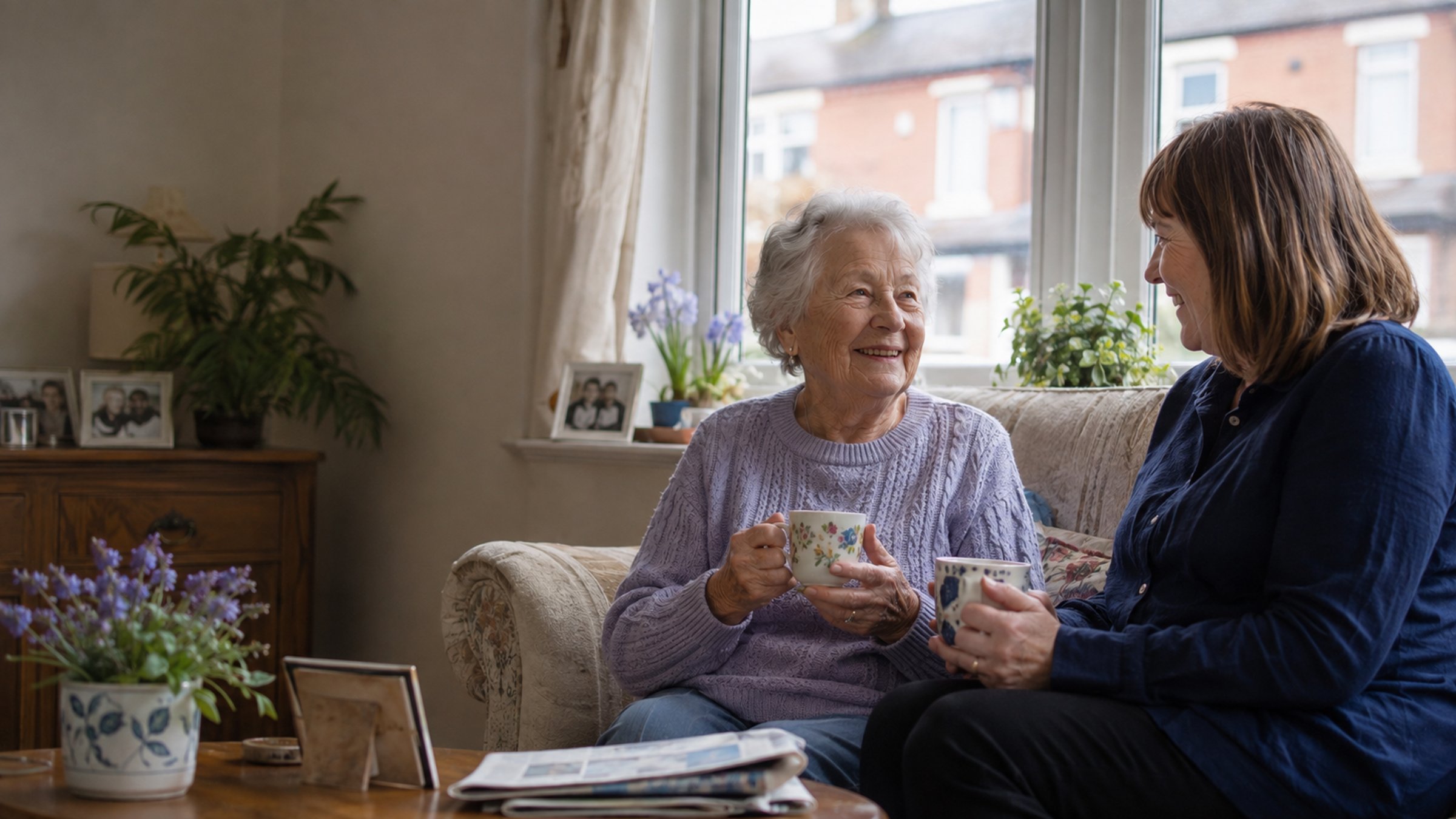 Two people at a kitchen table with a notebook and a cup of tea between them, working something out together. Daylight. Nothing on the table but paper and a pen — no laptop, no brochure, no forms.