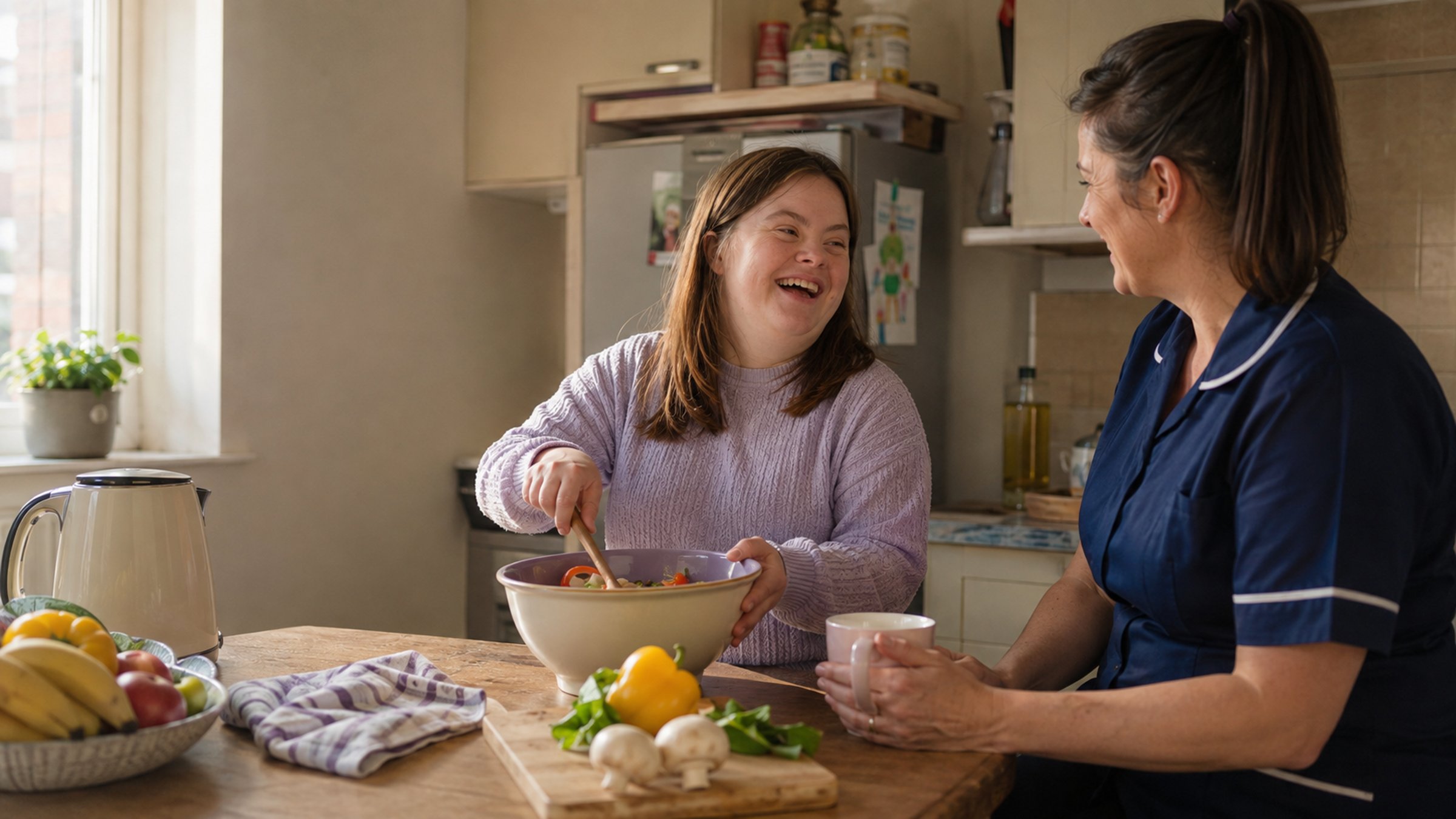 An adult at their own kitchen table going through post and a budget with a support worker sitting beside them, both looking at the same page. Daylight, an ordinary flat. The adult is holding the pen.
