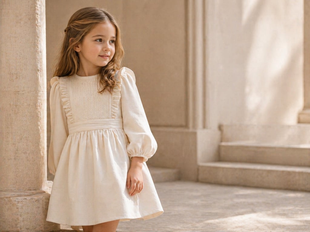 Camel linen dress on a young girl