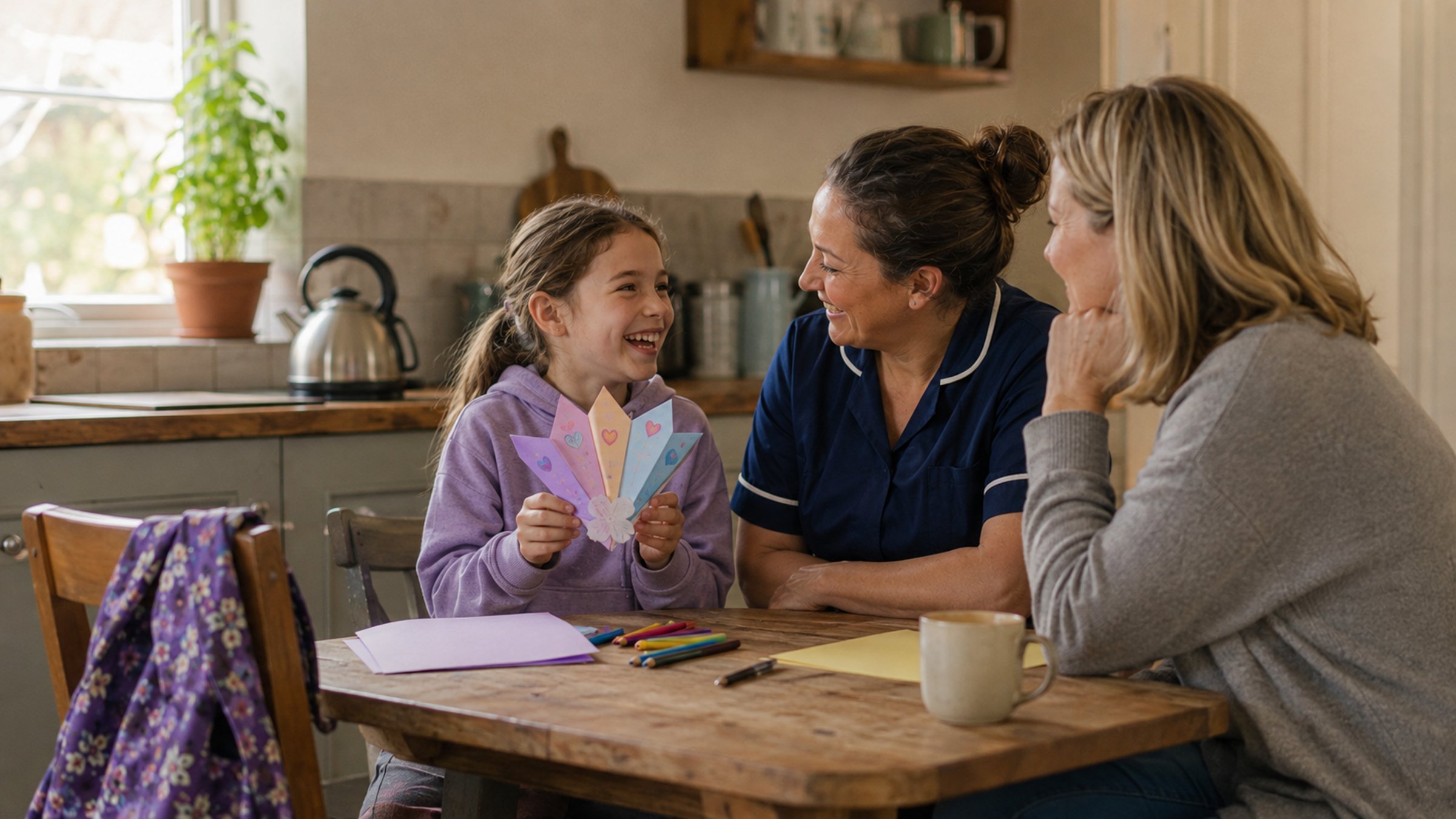A child at a kitchen table showing a drawing to a carer who has stopped what they were doing to look at it properly. Daylight, an ordinary kitchen. The child is pleased with it; the adult is genuinely interested. Paperwork pushed aside at the far end of the table.