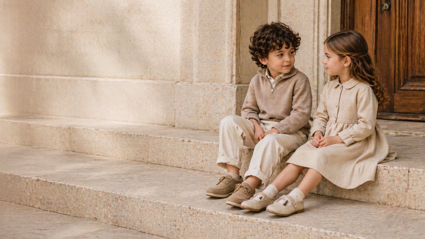 Two children at the foot of a stone staircase in cream and camel knitwear