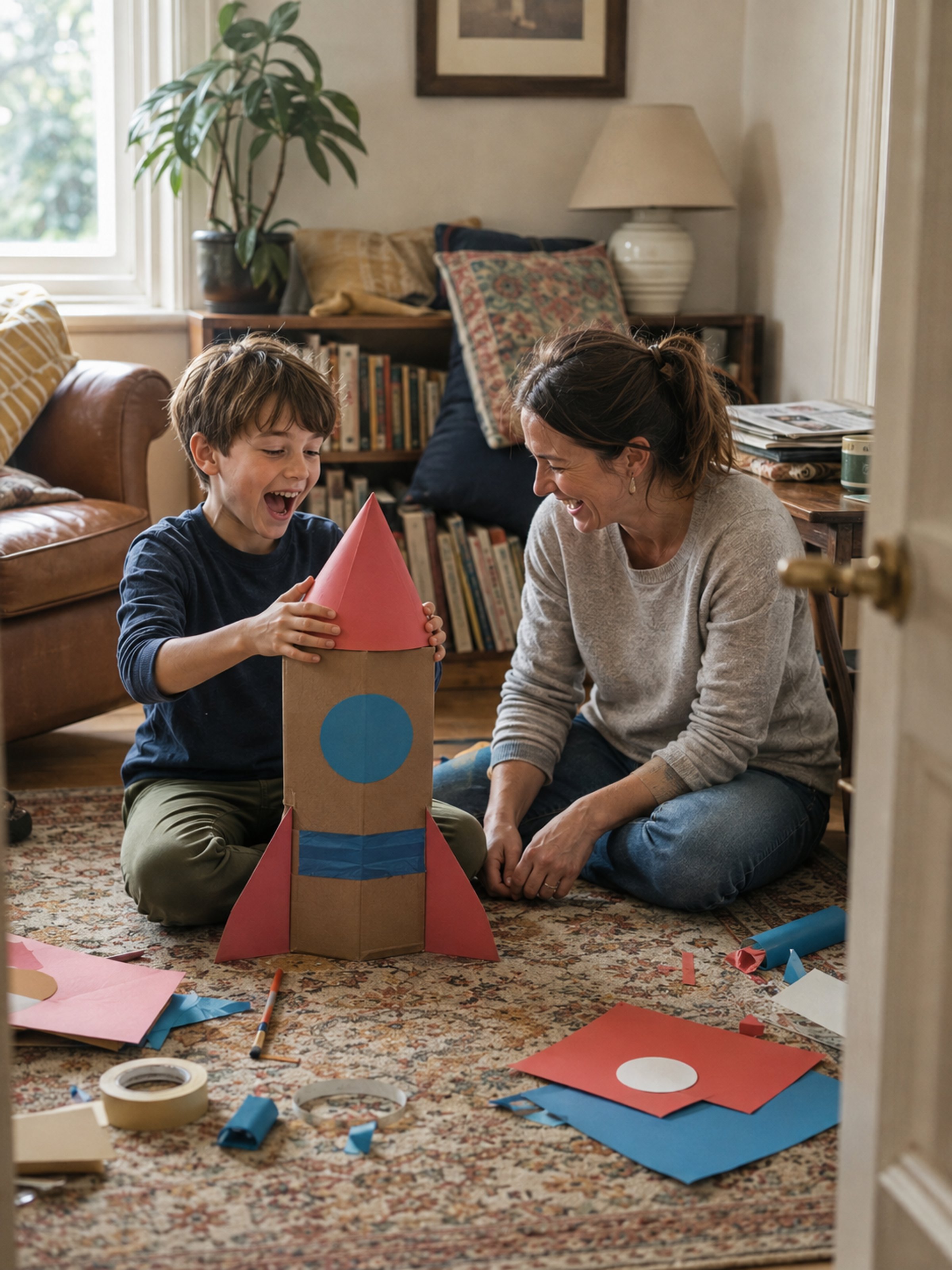A child playing football in an ordinary back garden on a summer evening, a carer in goal and losing. Both laughing. A normal garden with a washing line and a shed. Nothing that identifies an address.
